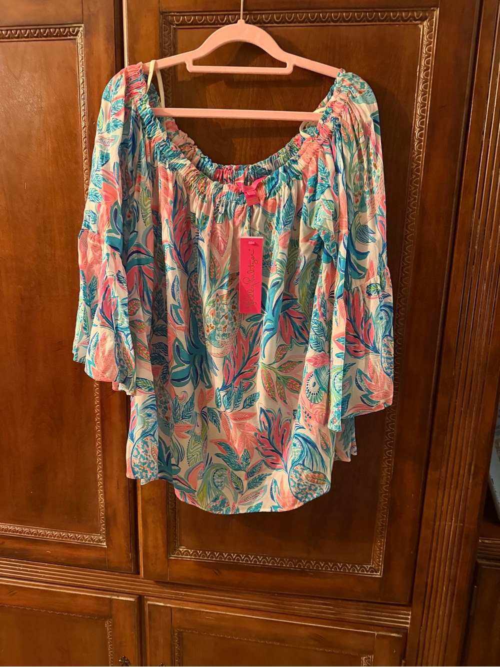 Lilly Pulitzer Off-Shoulder Floral Peasant Top in Coral & Teal